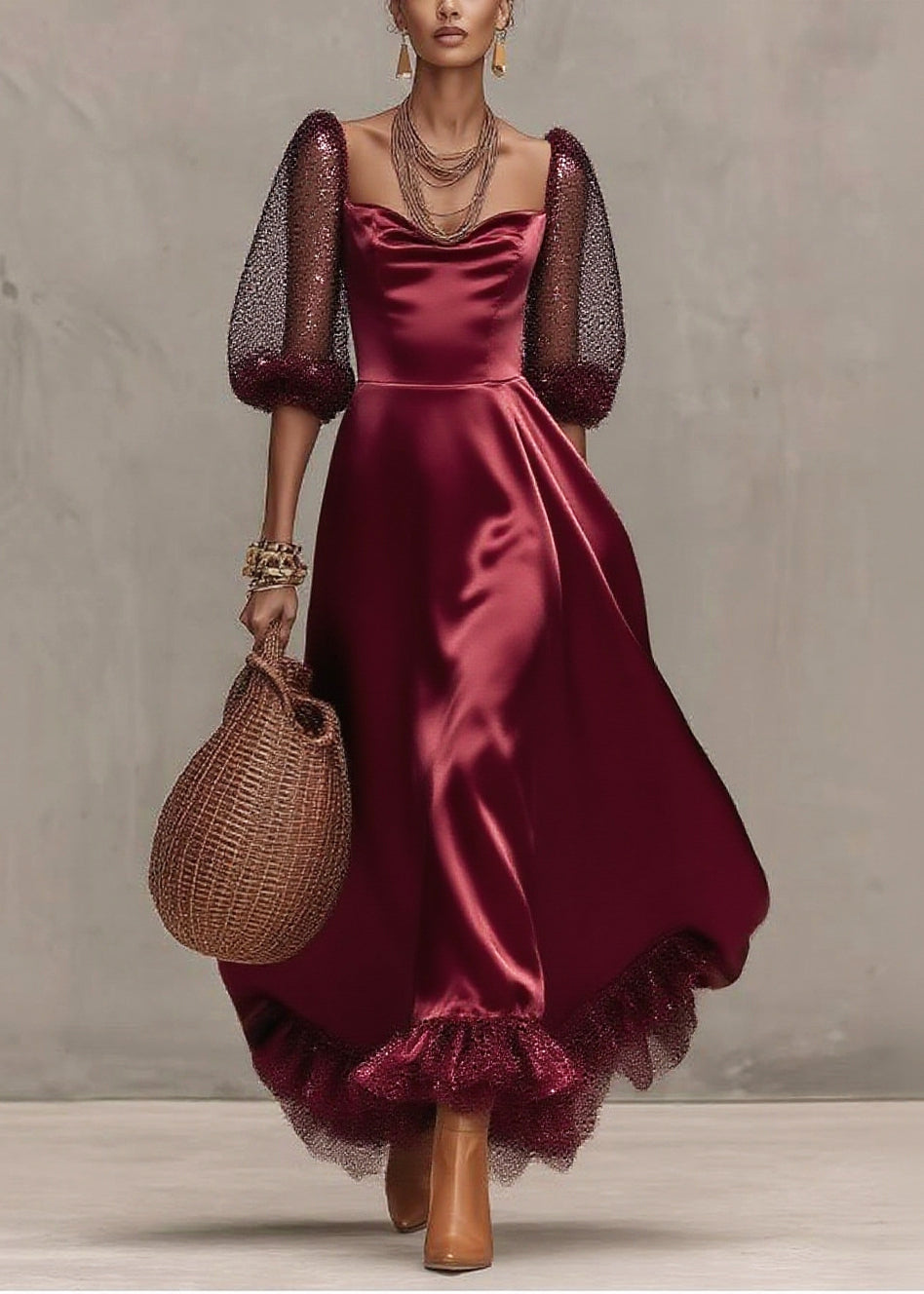 Satin Scoop Neck Mesh Puff Sleeve Glitter Ruffle Hem A-Line Midi Dress