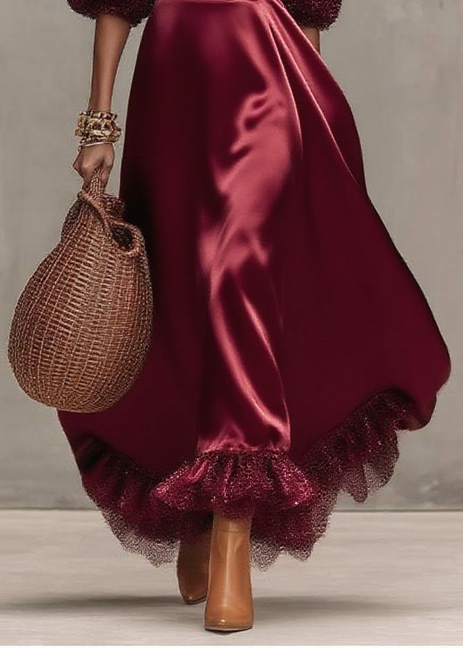 Satin Scoop Neck Mesh Puff Sleeve Glitter Ruffle Hem A-Line Midi Dress - View 4