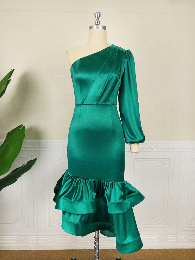 Satin One Shoulder Long Sleeve Ruched Tiered Ruffle Midi Dress - View 6