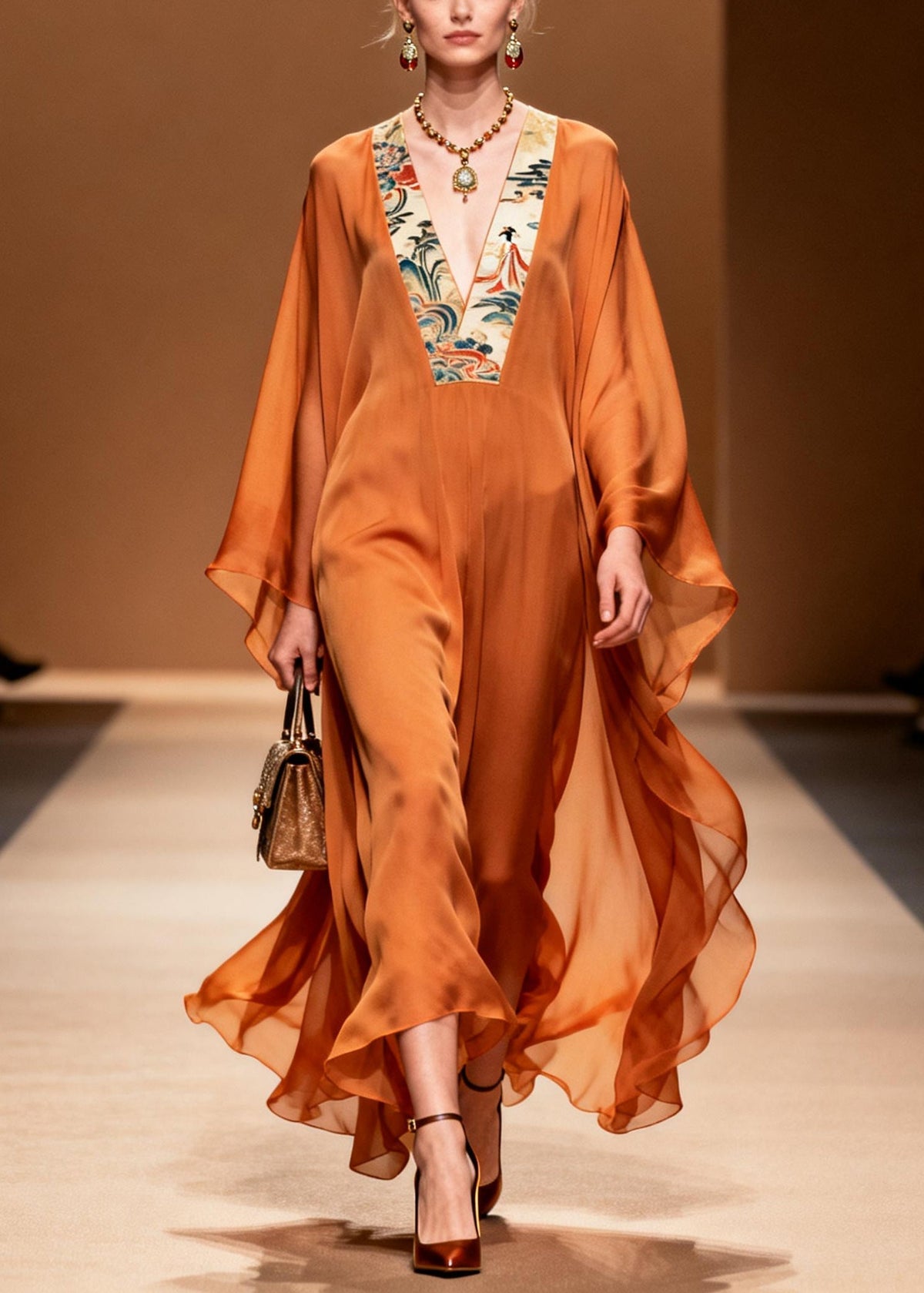 Deep V-Neck Batwing Sleeve Satin Chiffon Kaftan Maxi Dress