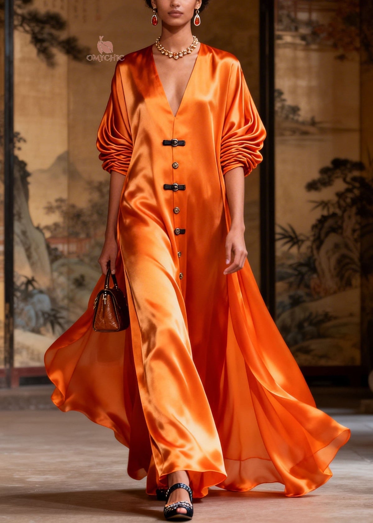 Satin Deep V-Neck Bishop Sleeve Toggle Button High Split Maxi Gown - View 3