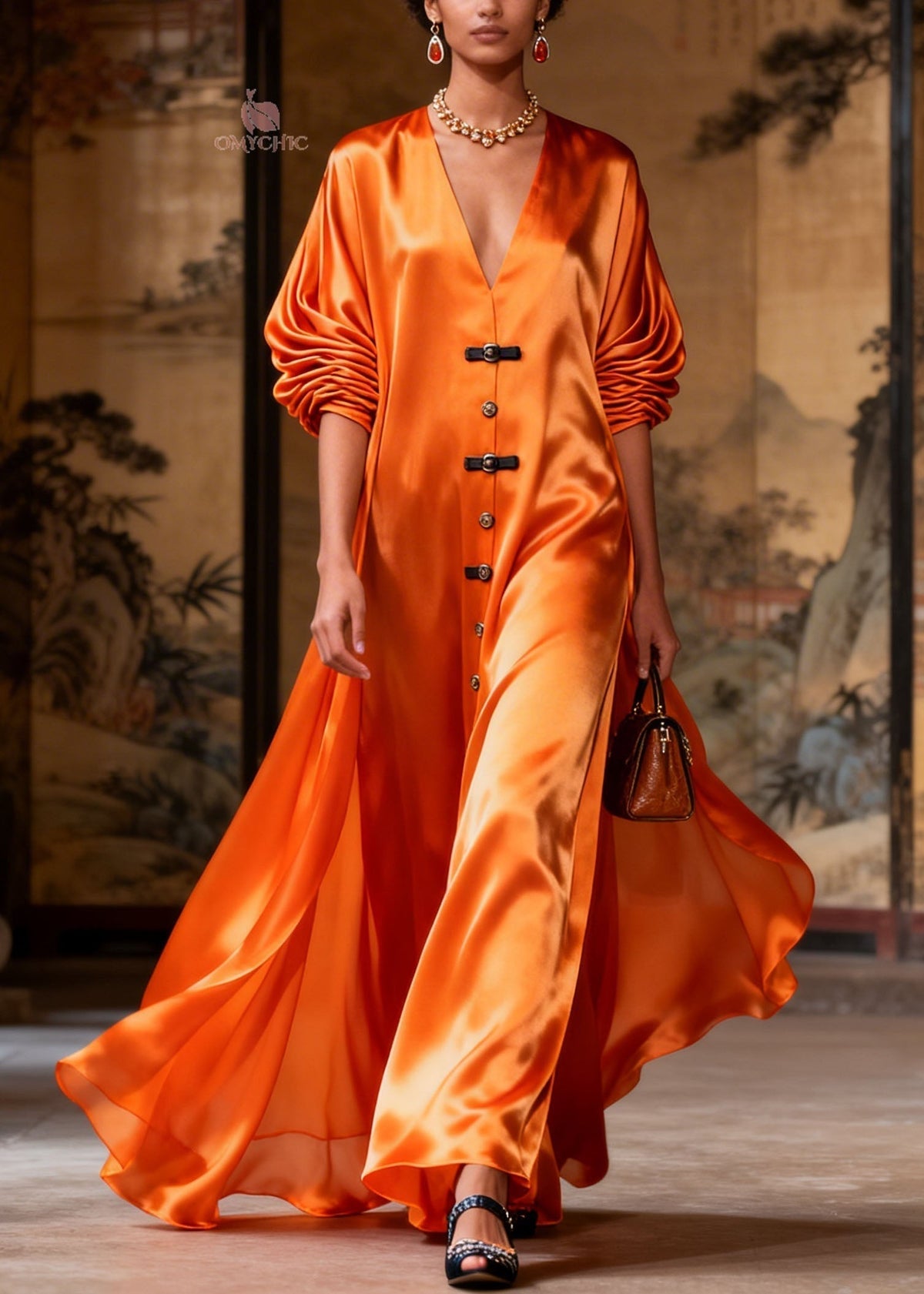 Satin Deep V-Neck Bishop Sleeve Toggle Button High Split Maxi Gown - View 5