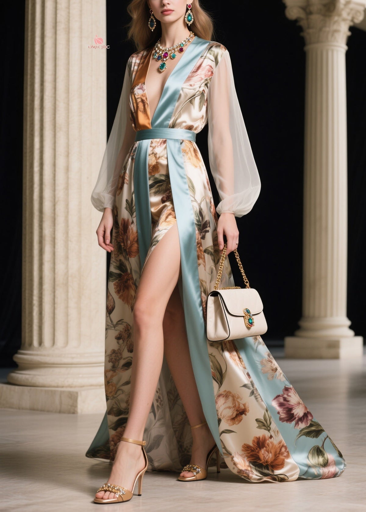 Floral Color Block Deep V-Neck Sleeveless Belted Maxi Dress - View 3