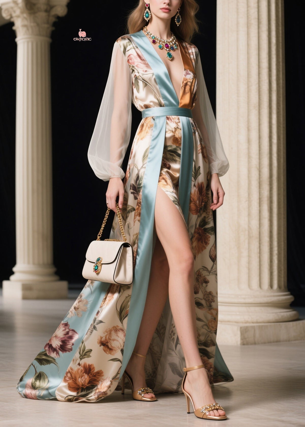 Floral Color Block Deep V-Neck Sleeveless Belted Maxi Dress - View 5