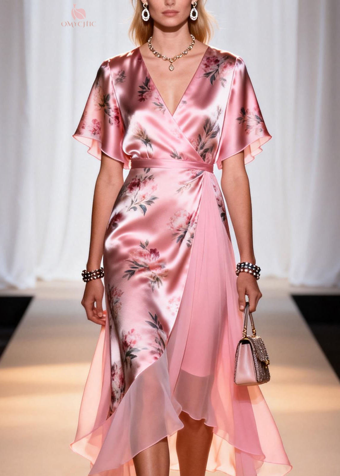 Floral Print Satin Deep V-Neck Flutter Sleeve Wrap High Low Chiffon Panel Midi Dress - View 2