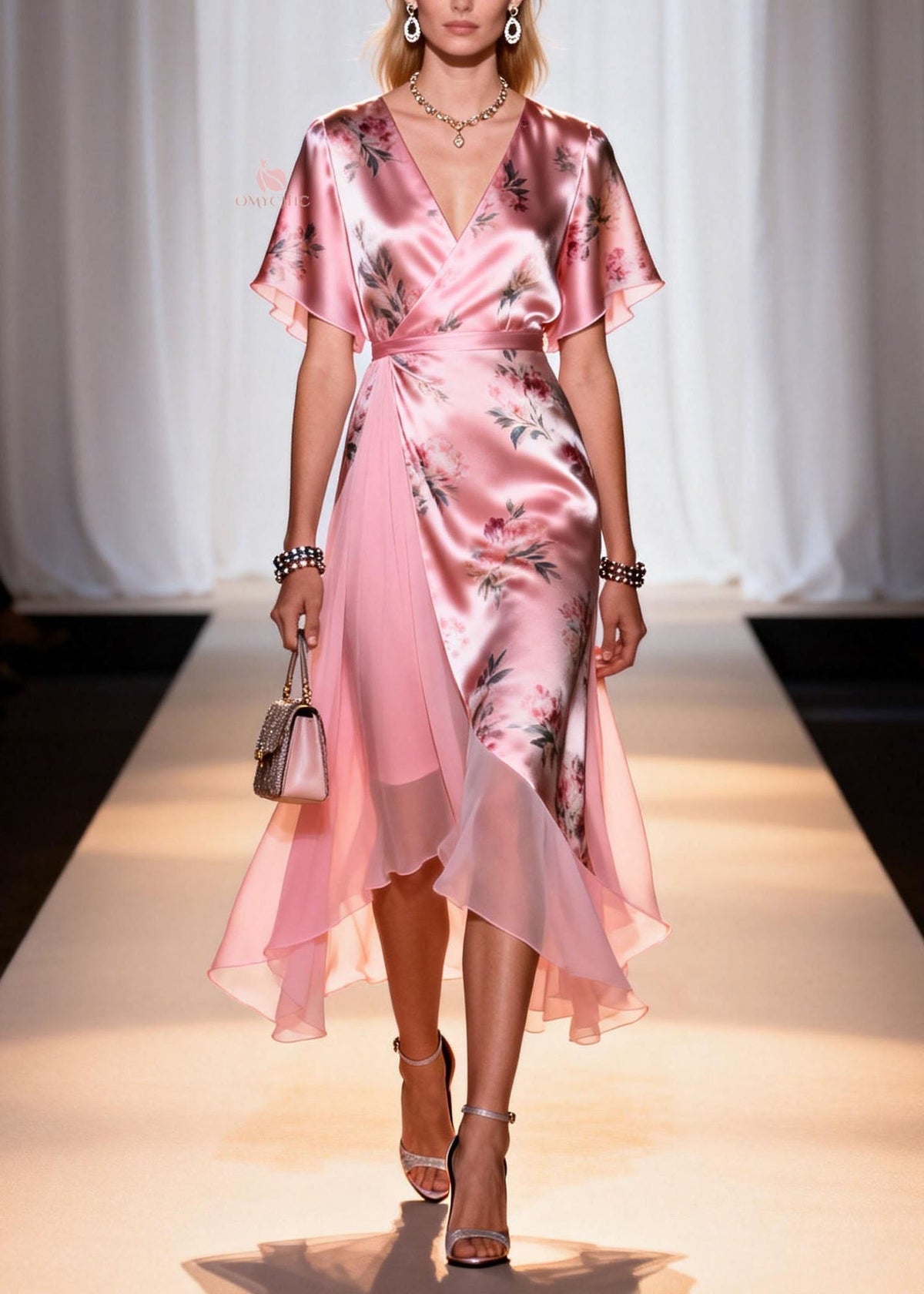 Floral Print Satin Deep V-Neck Flutter Sleeve Wrap High Low Chiffon Panel Midi Dress - View 3