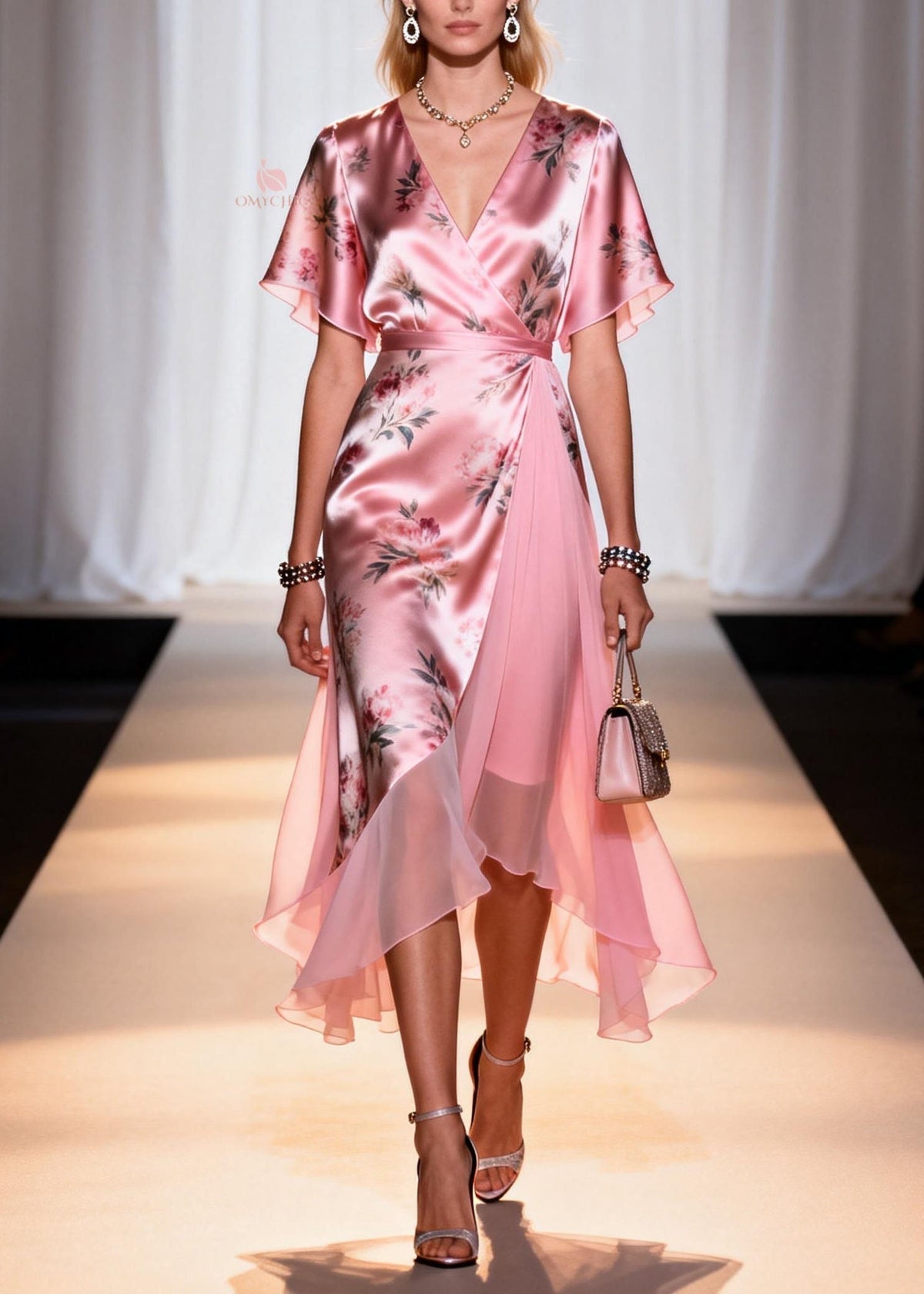 Floral Print Satin Deep V-Neck Flutter Sleeve Wrap High Low Chiffon Panel Midi Dress - View 5