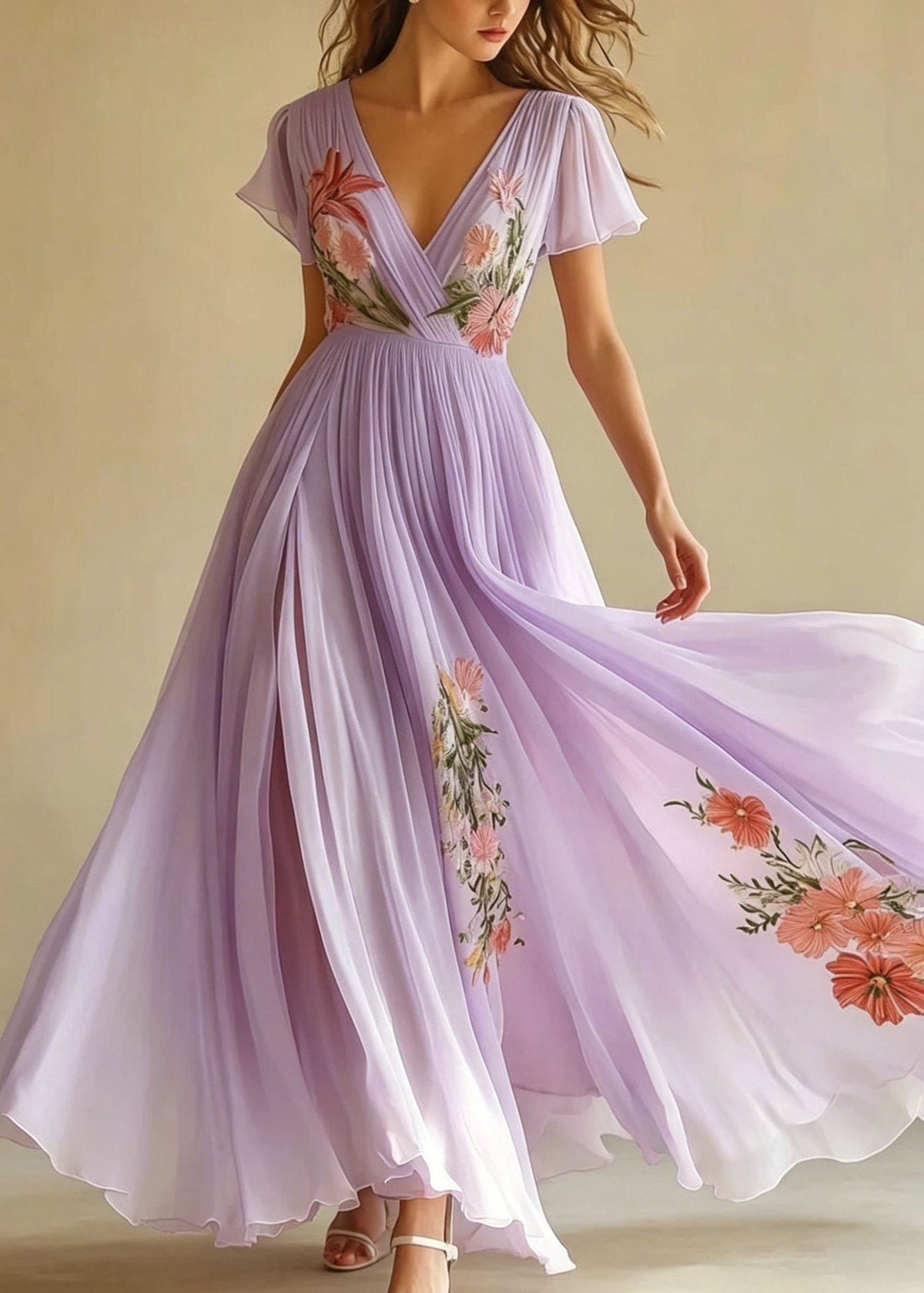 Chiffon Floral Embroidery Deep V-Neck Flutter Sleeve Maxi Gown - View 3