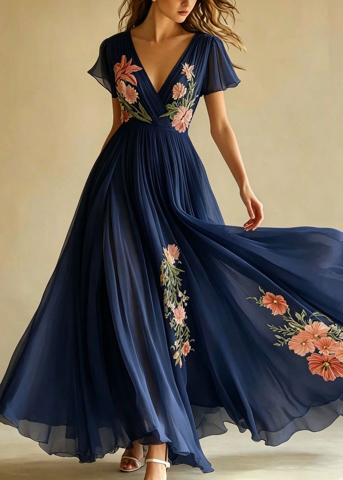 Chiffon Floral Embroidery Deep V-Neck Flutter Sleeve Maxi Gown - View 4