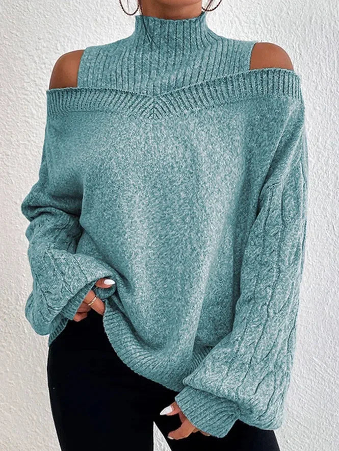 Off Shoulder Semi High Neck Knit Sweater green / S