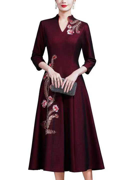 Floral Embroidery Mandarin Collar Three Quarter A-Line Midi Dress - View 5