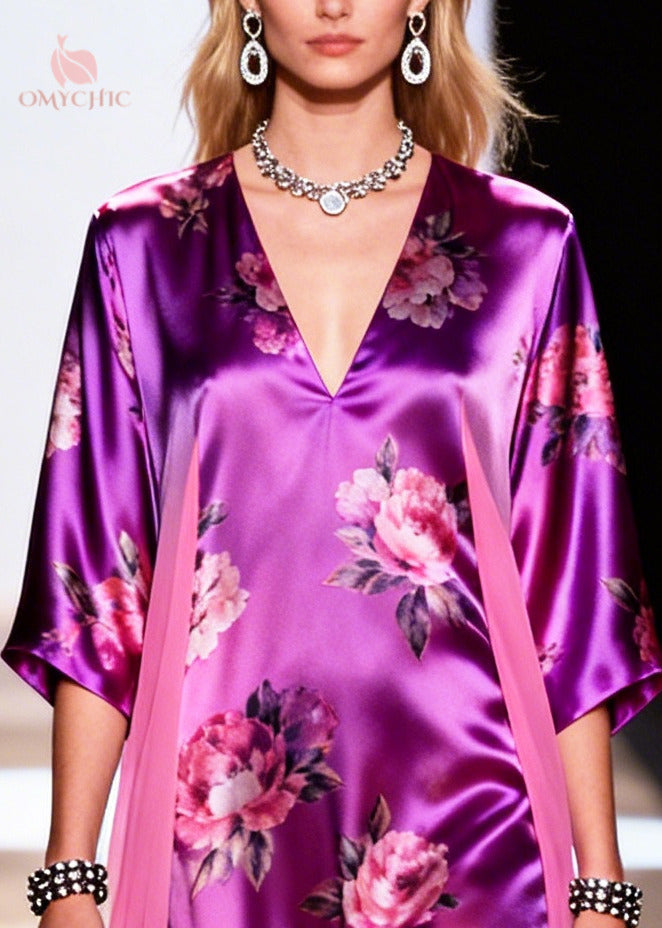 Satin Floral Print Deep V-Neck Wide Sleeve Sheer Side Drape Maxi Dress - View 2