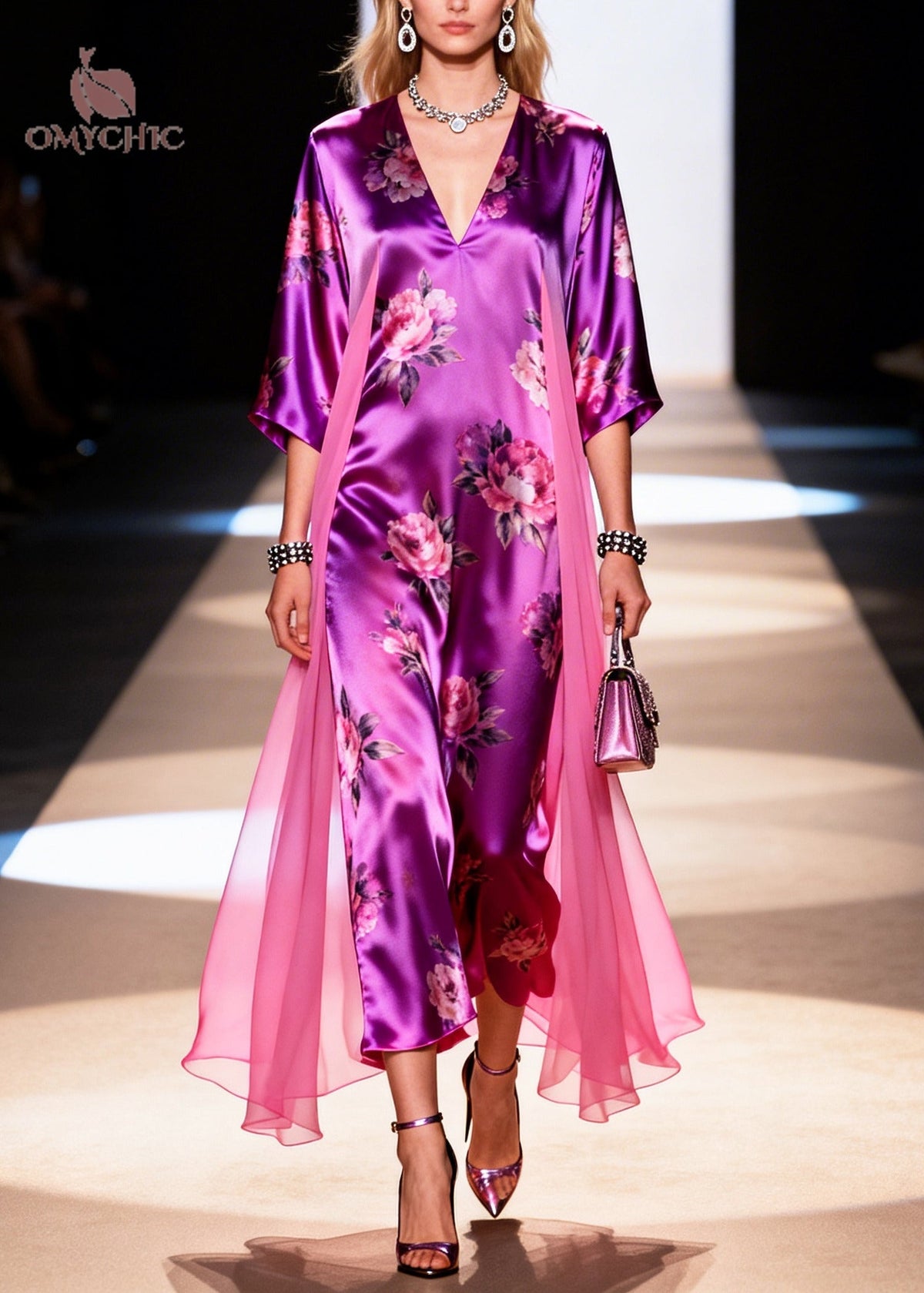 Satin Floral Print Deep V-Neck Wide Sleeve Sheer Side Drape Maxi Dress - View 3