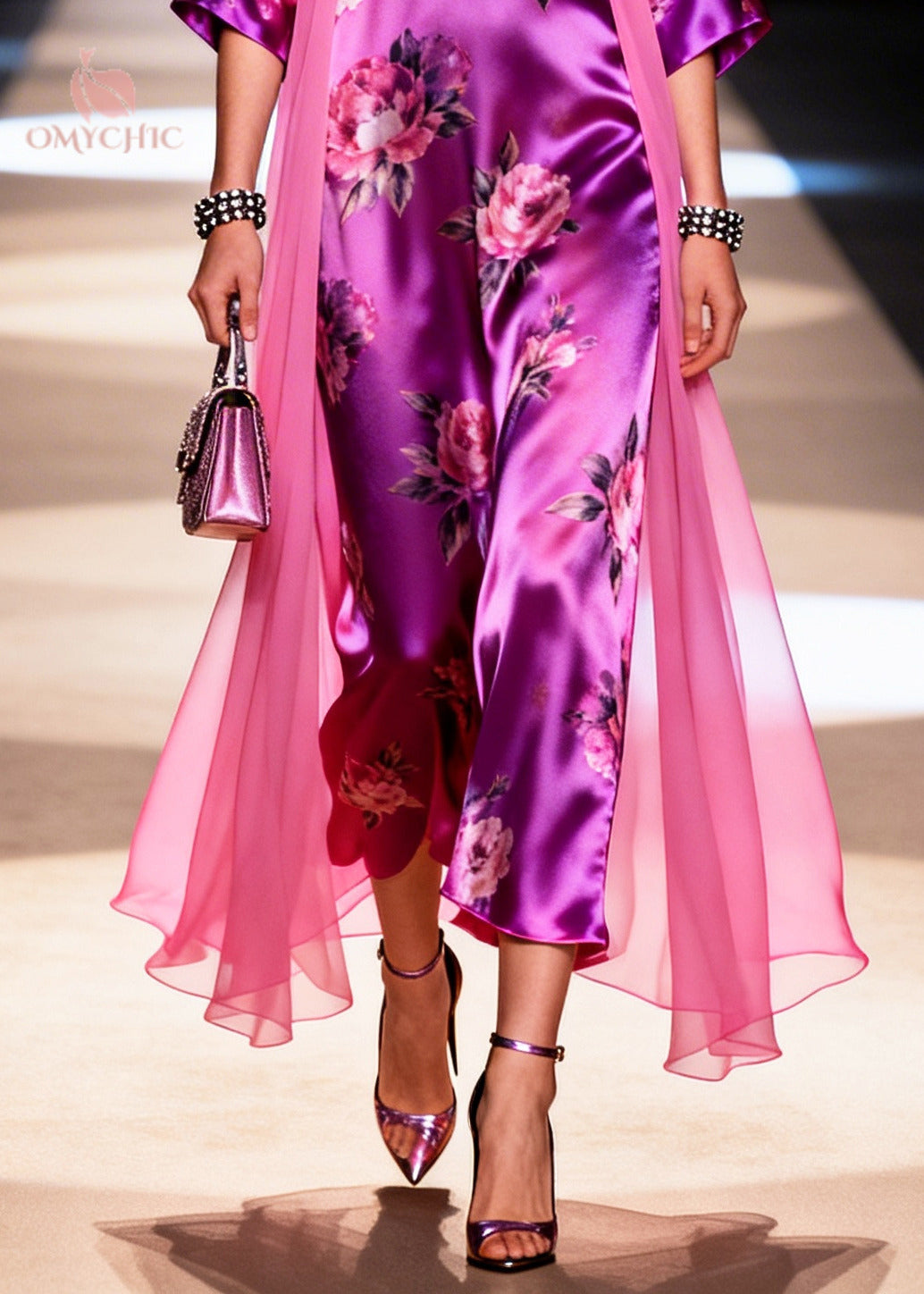 Satin Floral Print Deep V-Neck Wide Sleeve Sheer Side Drape Maxi Dress - View 4
