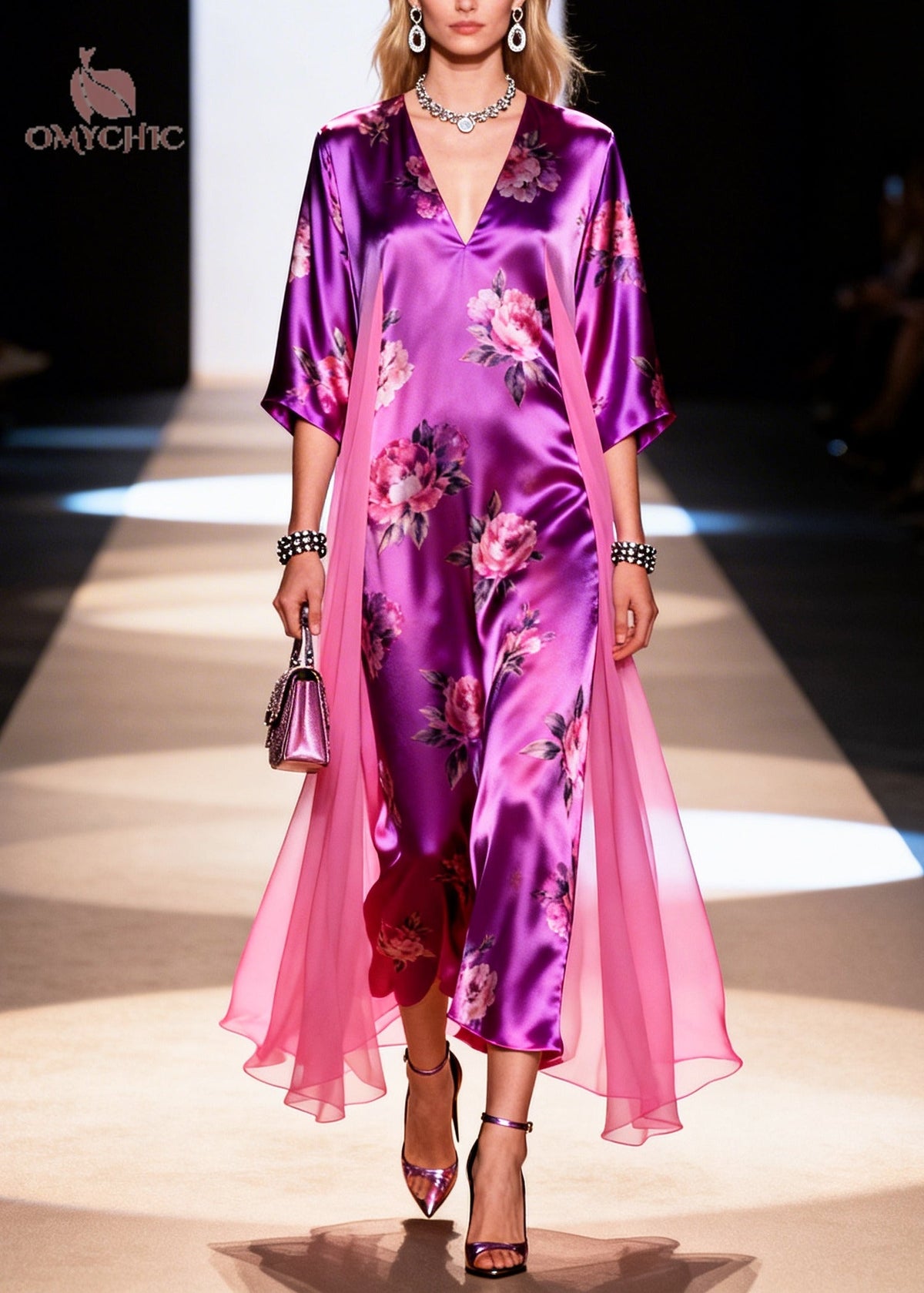 Satin Floral Print Deep V-Neck Wide Sleeve Sheer Side Drape Maxi Dress - View 5