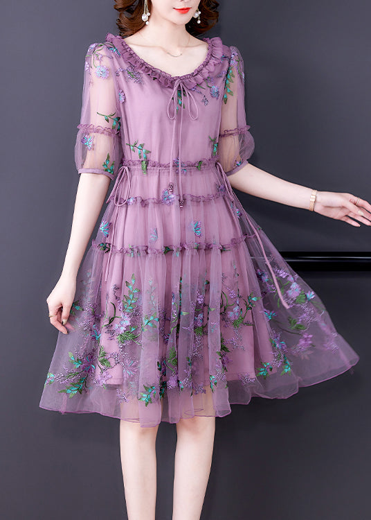 Women Purple Ruffled Tulle Patchwork Chiffon A Line Dress Half Sleeve - View 3