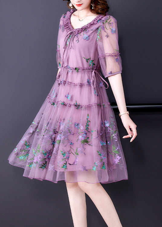 Women Purple Ruffled Tulle Patchwork Chiffon A Line Dress Half Sleeve - View 4