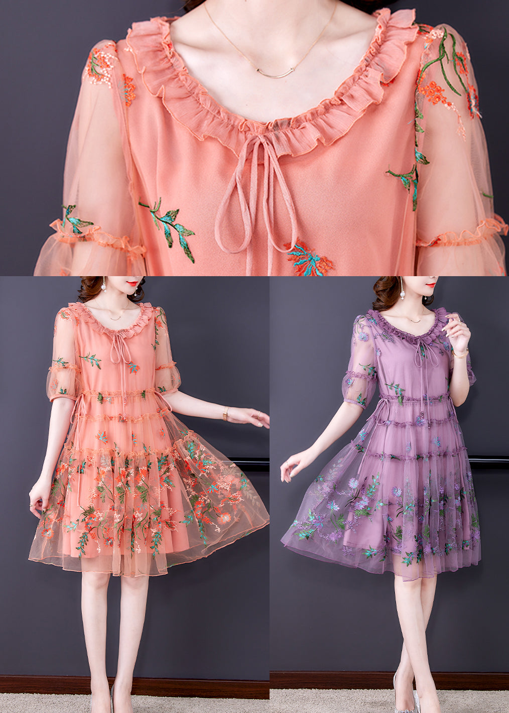 Women Purple Ruffled Tulle Patchwork Chiffon A Line Dress Half Sleeve - View 5
