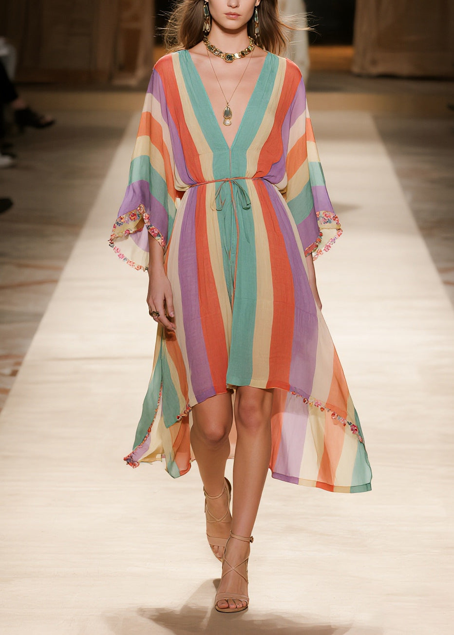 Chiffon Deep V-Neck Kimono Sleeve Floral Trim High Low Midi Dress