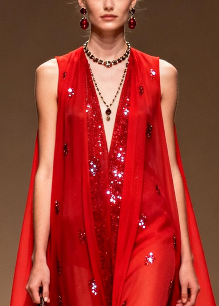 Sequin Deep V-Neck Sleeveless Sheer Cape Evening Gown - View 2