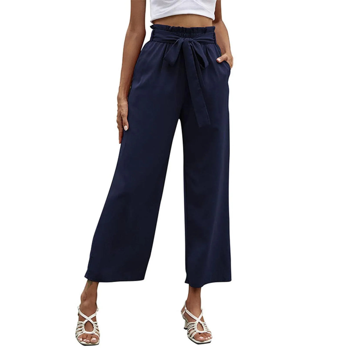 Bow Waistband Pleated Cotton Linen Pants blue 1 / S