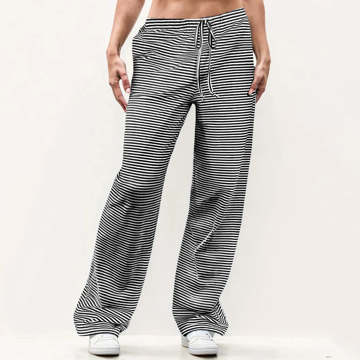 Striped Solid Wide Leg Pants Black / S