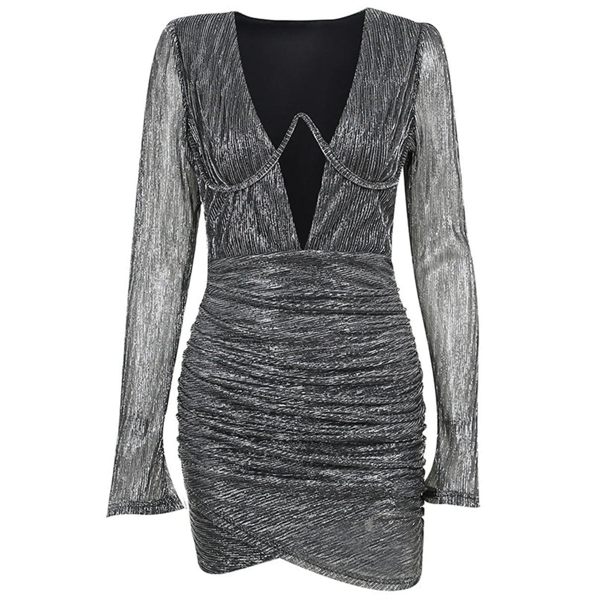 Glitter Deep V-Neck Long Sleeve Cut Out Bodycon Mini Party Dress - View 4