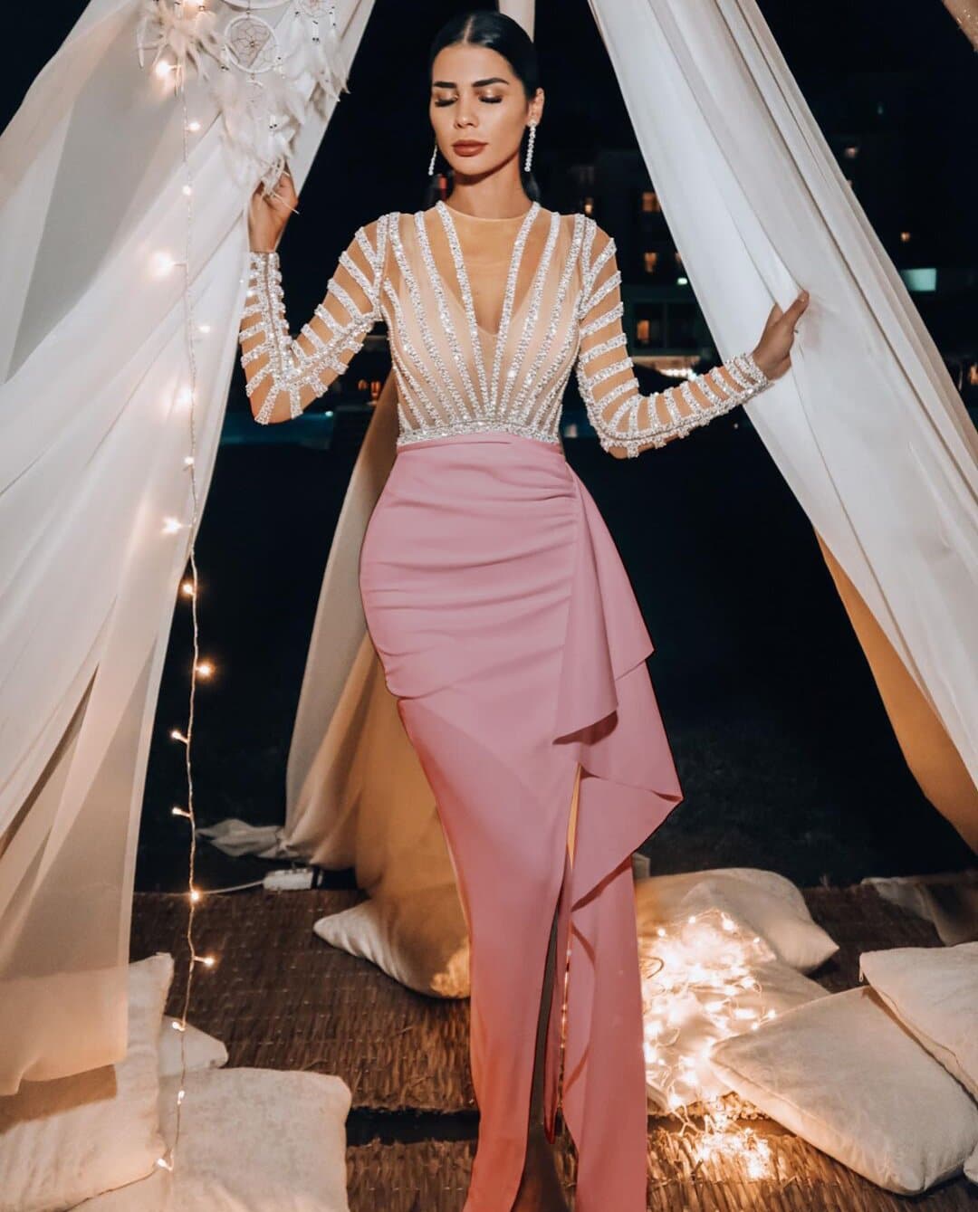 Deep V-Neck Long Sleeve Rhinestone Sheer Ruched Maxi Prom Dress - View 7