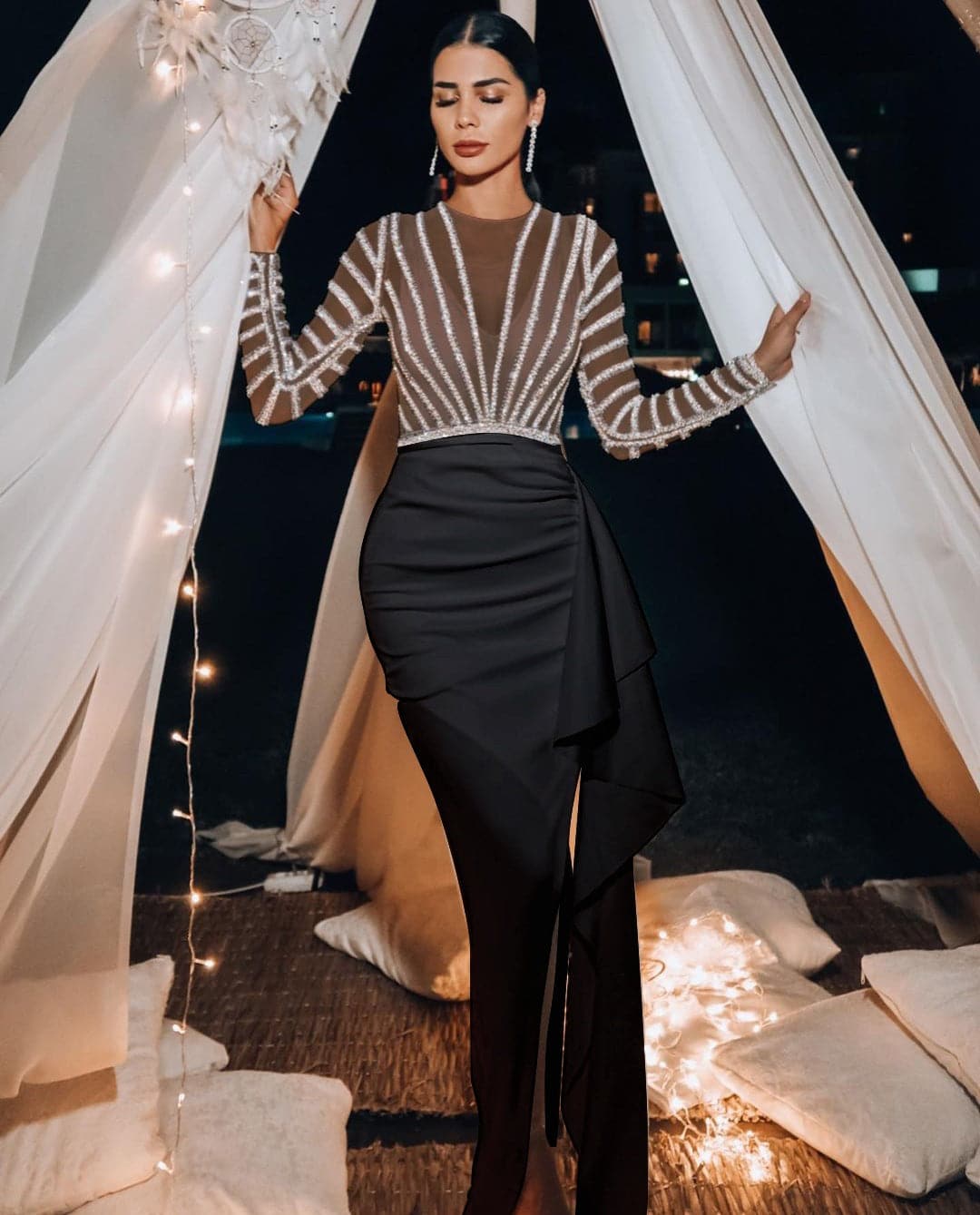 Deep V-Neck Long Sleeve Rhinestone Sheer Ruched Maxi Prom Dress - View 6