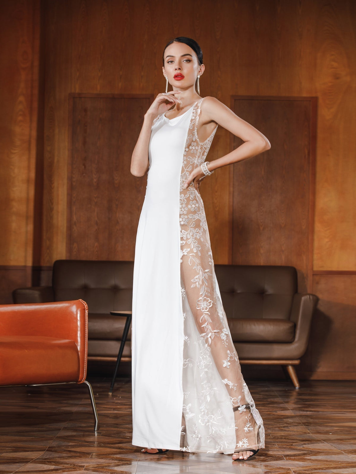 Satin Cowl Neck Sleeveless Floral Lace Mesh Panel Sheath Gown - View 4