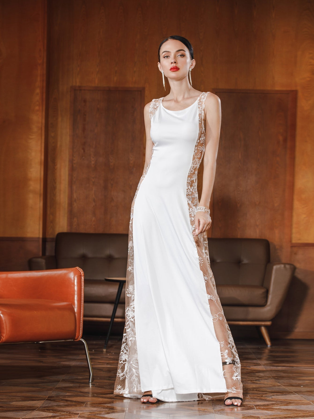 Satin Cowl Neck Sleeveless Floral Lace Mesh Panel Sheath Gown - View 5