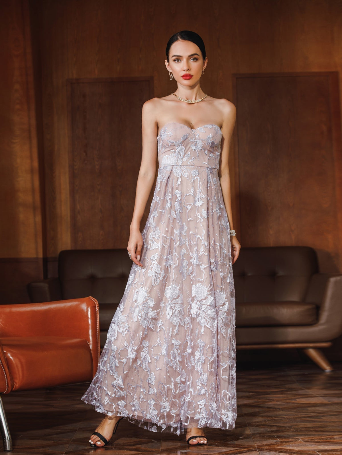 Women Sexy Strapless Backless Lace Slit Party Dress - View 3