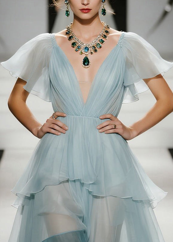 Organza Deep V-Neck Mesh Insert Flutter Sleeve Tiered Ruffle Maxi Gown - View 2