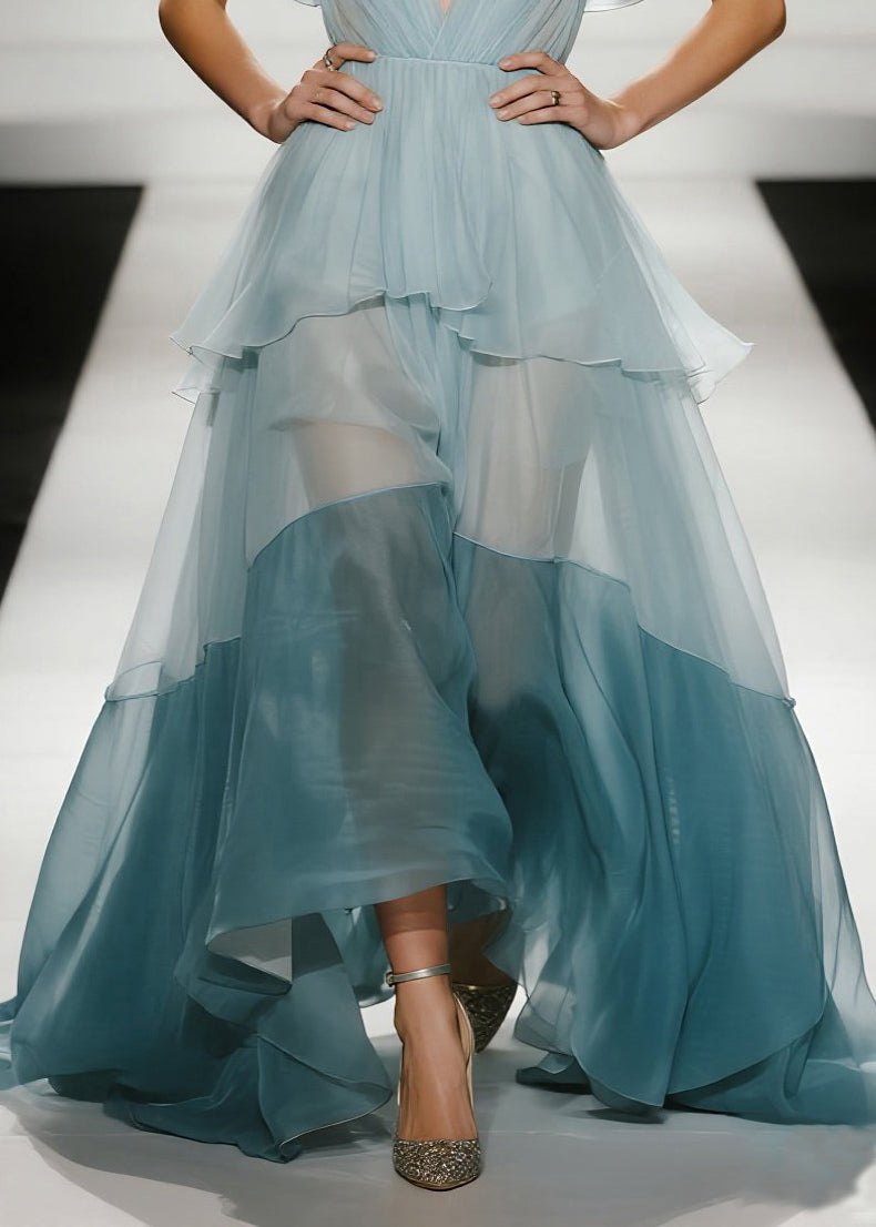 Organza Deep V-Neck Mesh Insert Flutter Sleeve Tiered Ruffle Maxi Gown - View 4