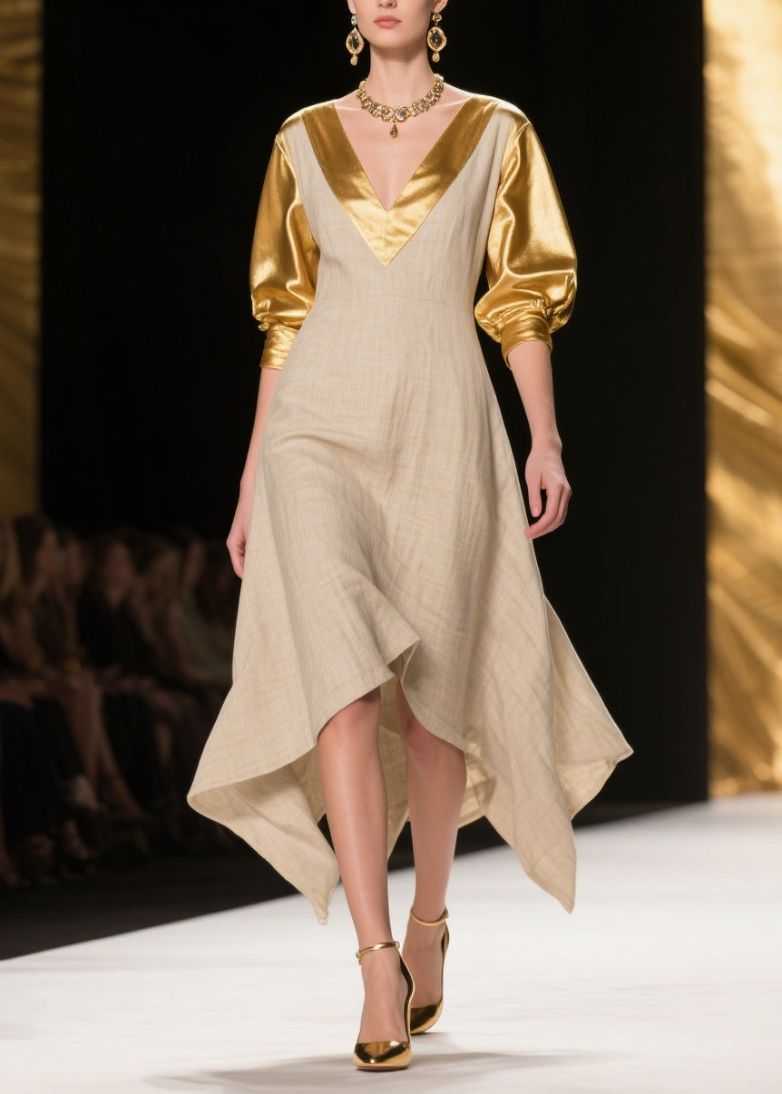 Deep V-Neck Metallic Puff Sleeve Woven A-Line Midi Dress - View 3