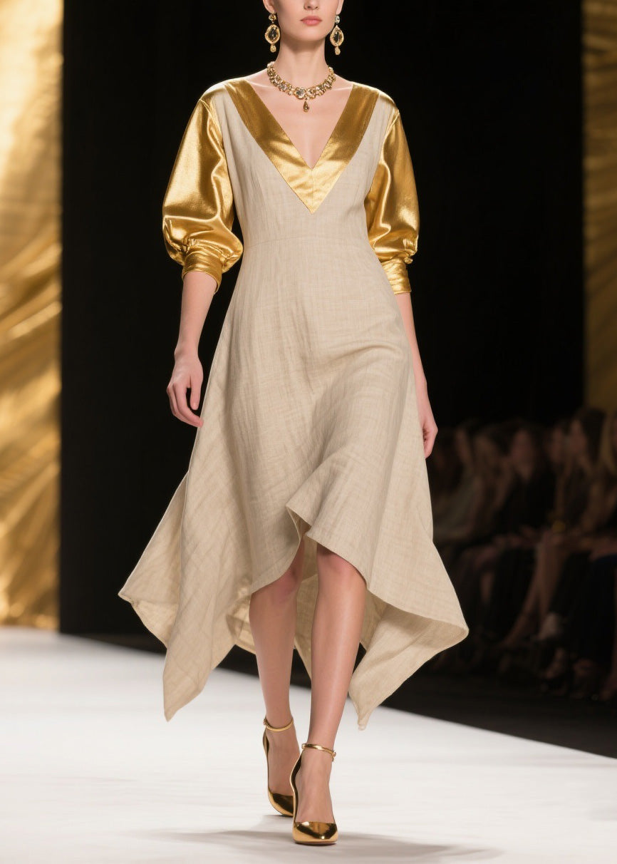 Deep V-Neck Metallic Puff Sleeve Woven A-Line Midi Dress - View 5