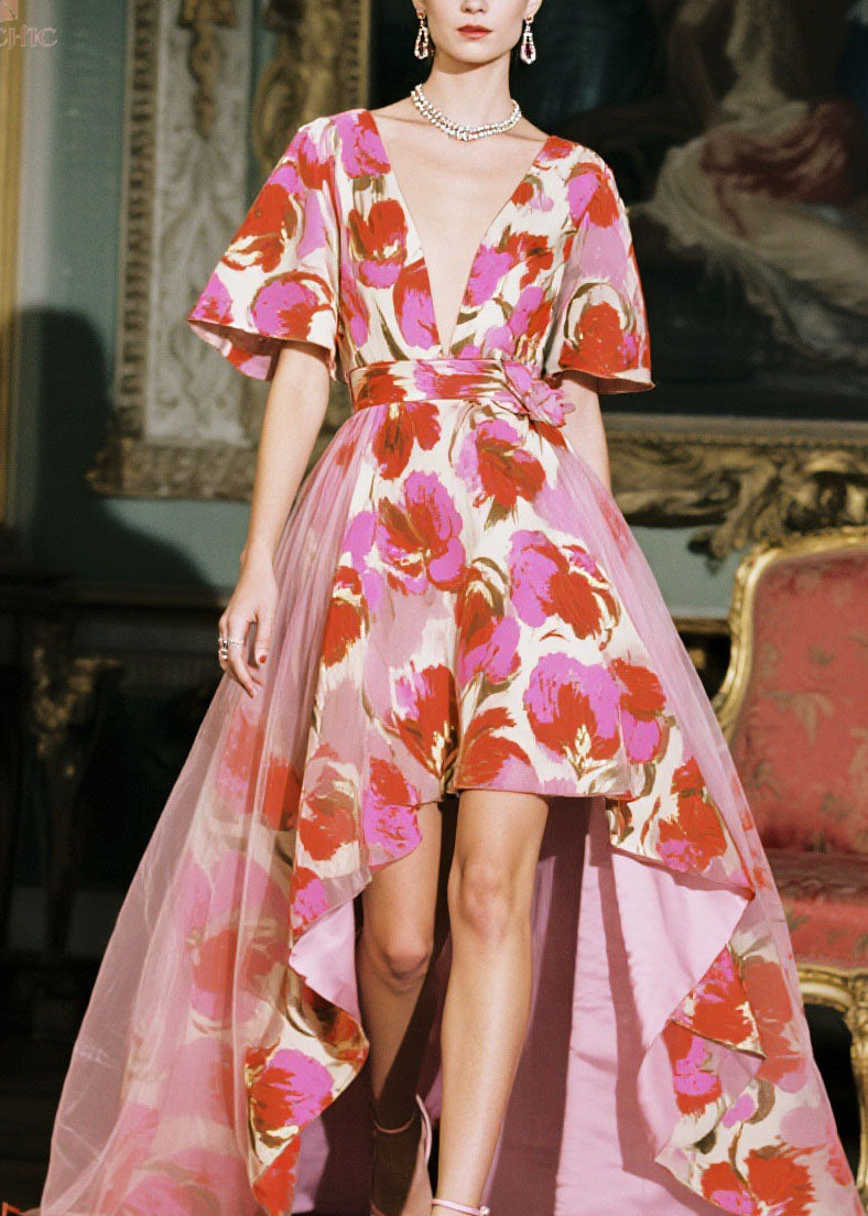 Floral Deep V-Neck Butterfly Sleeve Belted High Low Gown - View 2