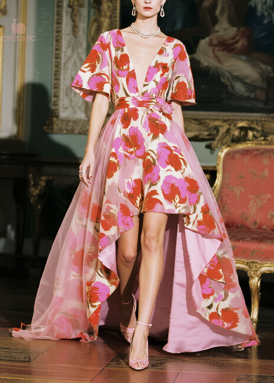 Floral Deep V-Neck Butterfly Sleeve Belted High Low Gown - View 5
