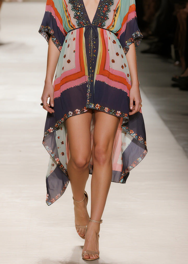 Embroidered Deep V-Neck Flutter Sleeve Drawstring High Low Mini Dress - View 4