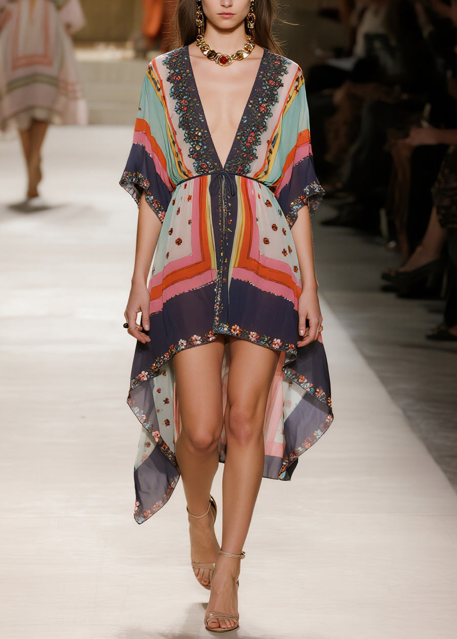 Embroidered Deep V-Neck Flutter Sleeve Drawstring High Low Mini Dress - View 5
