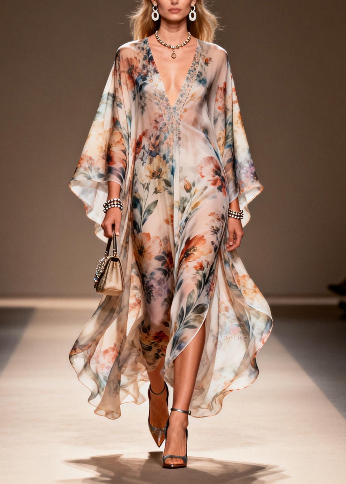 Floral Print Deep V-Neck Butterfly Sleeve Sheer Maxi Dress