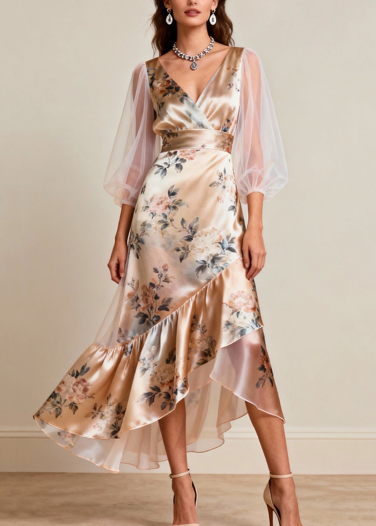 Floral Print V-Neck Mesh Bishop Sleeve High Low Ruffle Midi Dress
