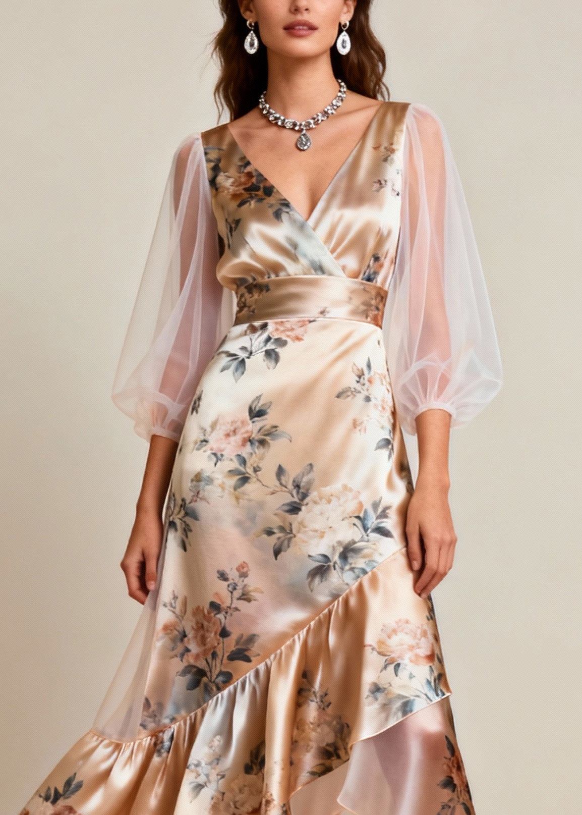 Floral Print V-Neck Mesh Bishop Sleeve High Low Ruffle Midi Dress - View 2