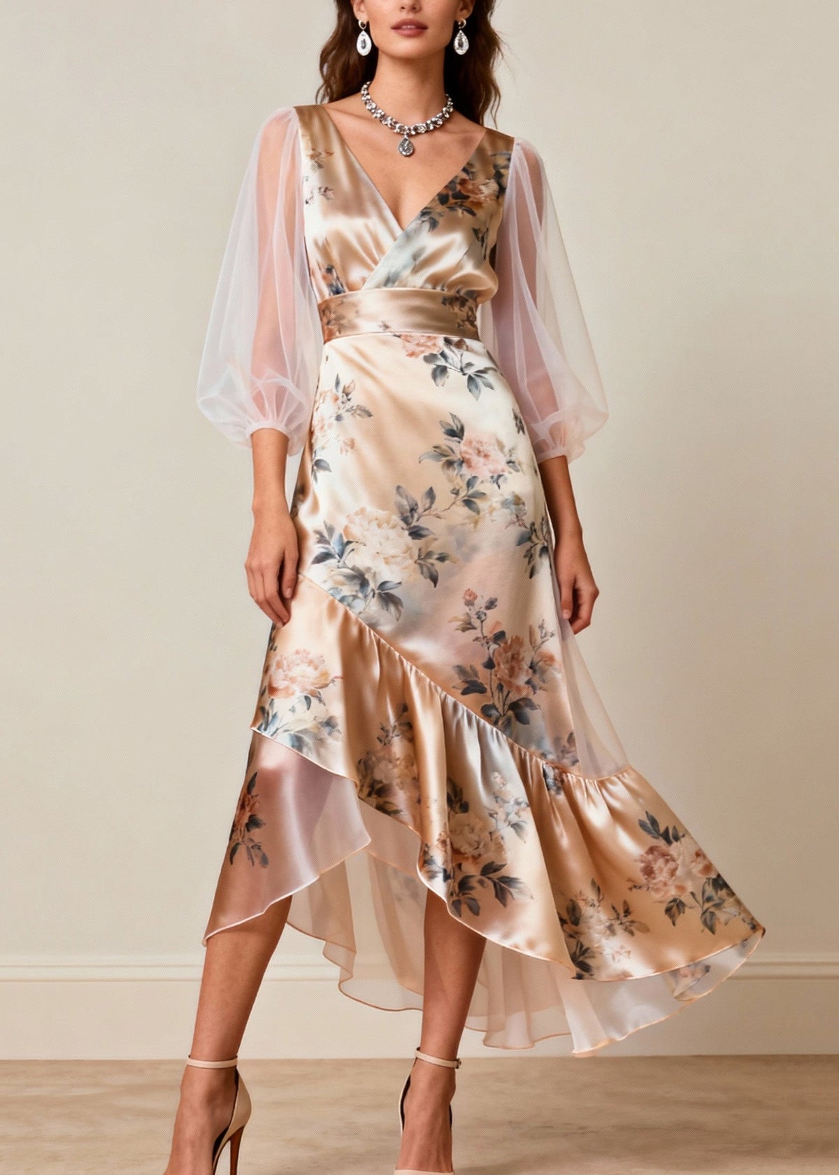 Floral Print V-Neck Mesh Bishop Sleeve High Low Ruffle Midi Dress - View 3