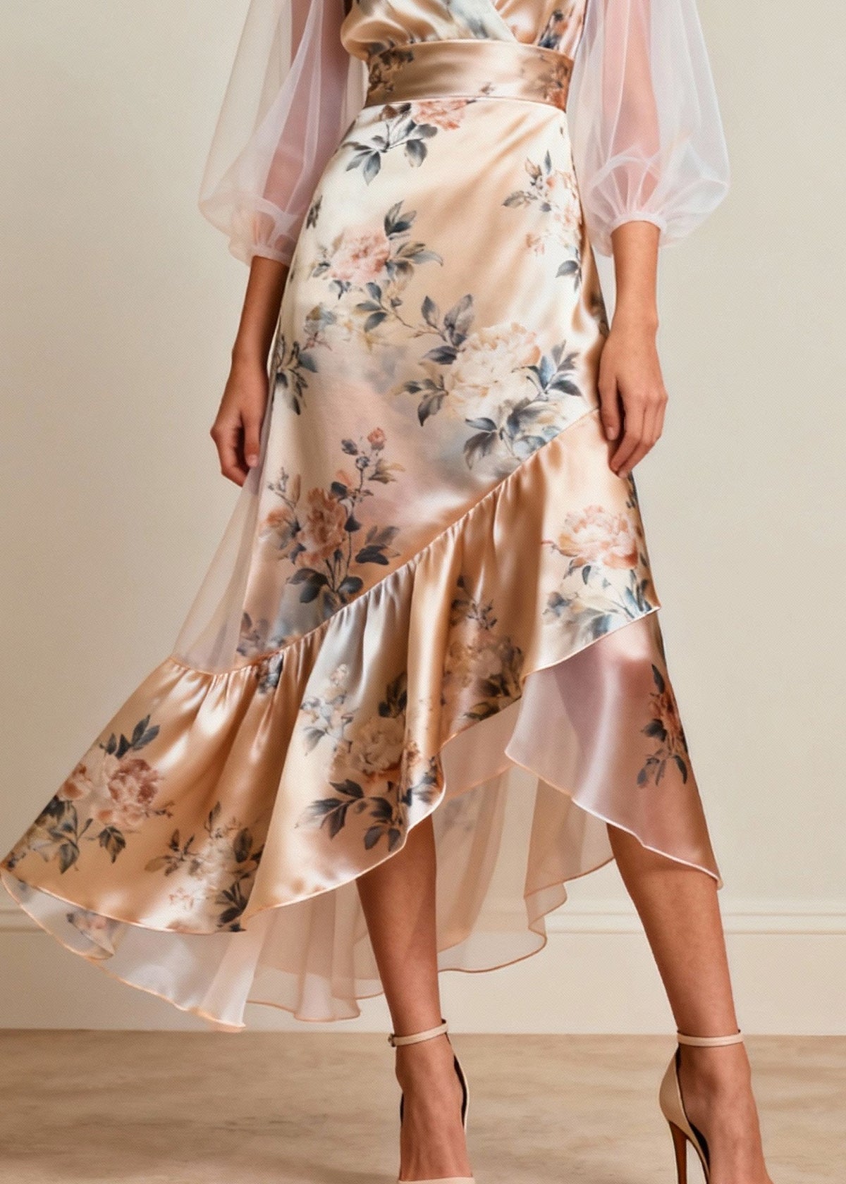 Floral Print V-Neck Mesh Bishop Sleeve High Low Ruffle Midi Dress - View 4
