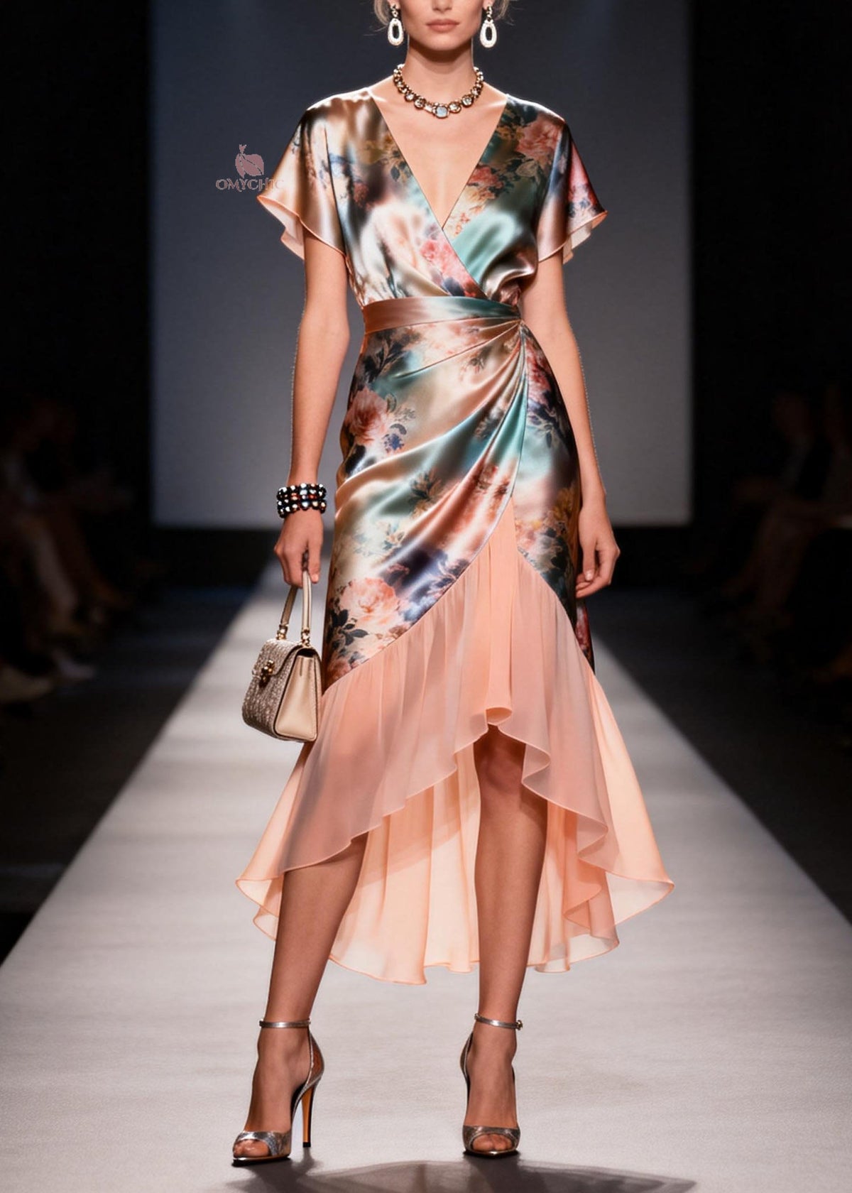 Floral Rose Print Wrap V-Neck Flutter Sleeve Draped Midi Dress - View 5