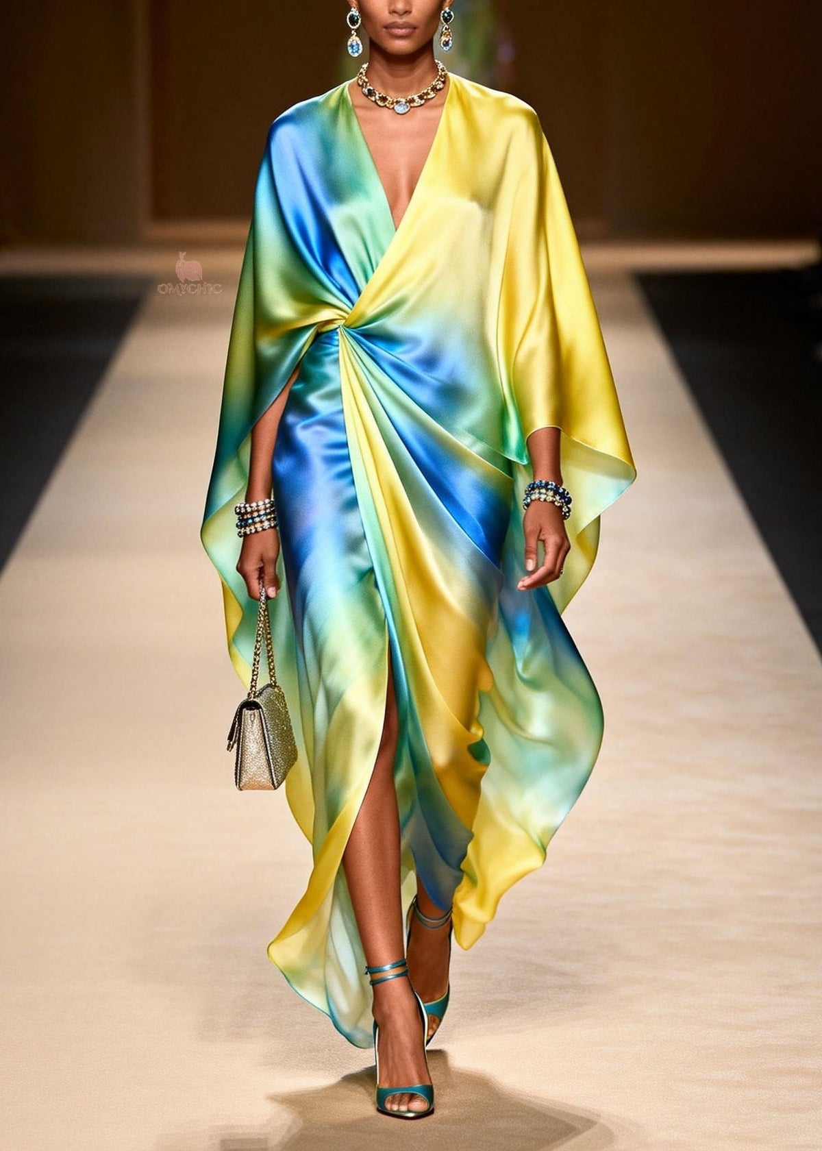 Satin Tie Dye Twisted Waist Deep V-Neck Cape Sleeve Maxi Gown - View 3