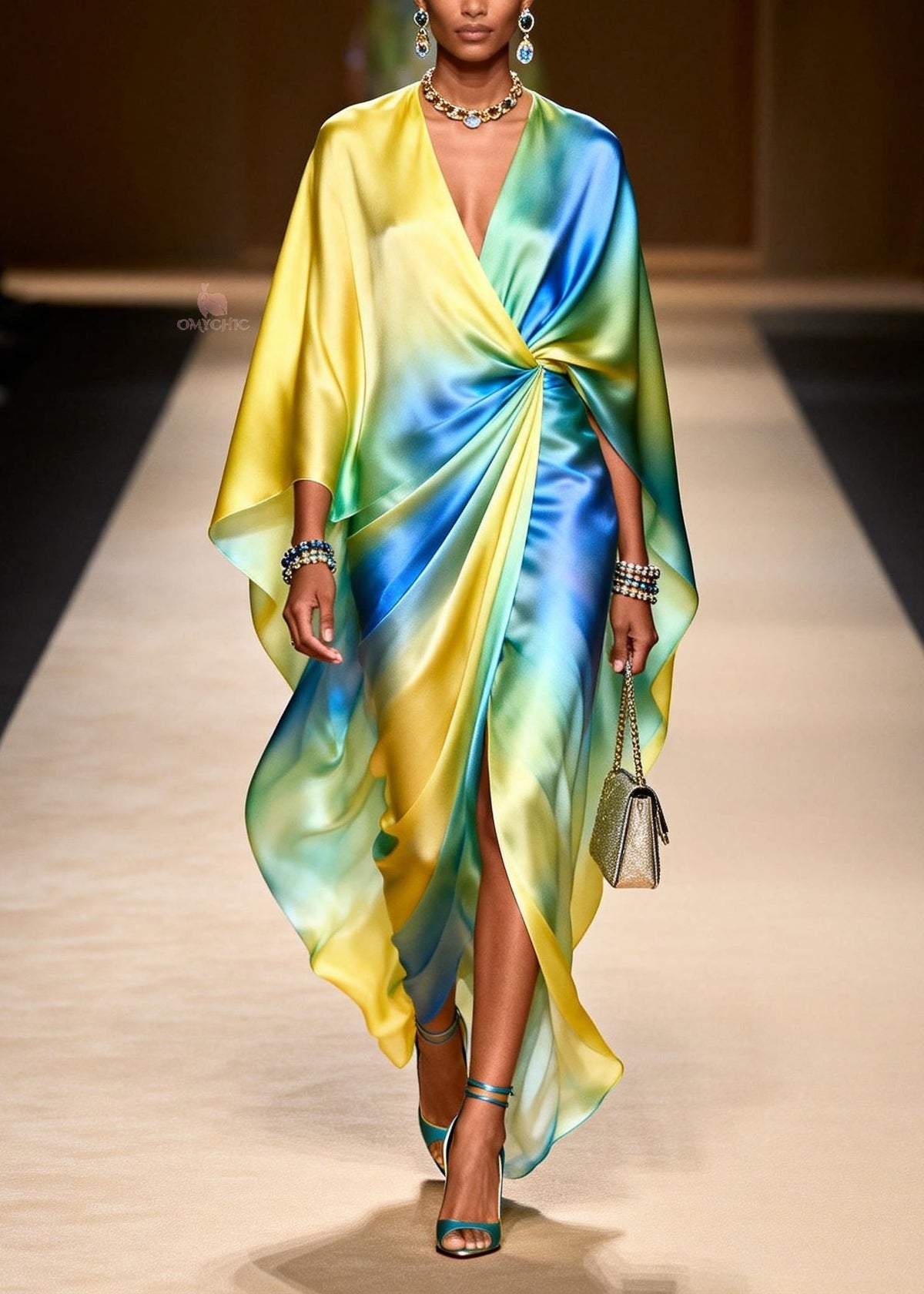 Satin Tie Dye Twisted Waist Deep V-Neck Cape Sleeve Maxi Gown - View 5