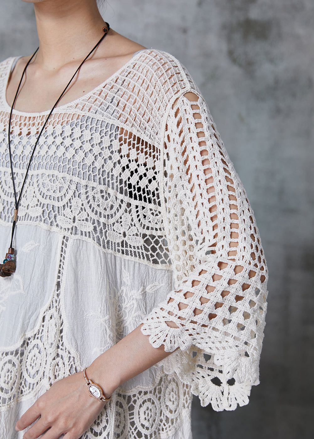 Crochet Lace Round Neck Three Quarter Sleeve Tiered Maxi Dress - View 5