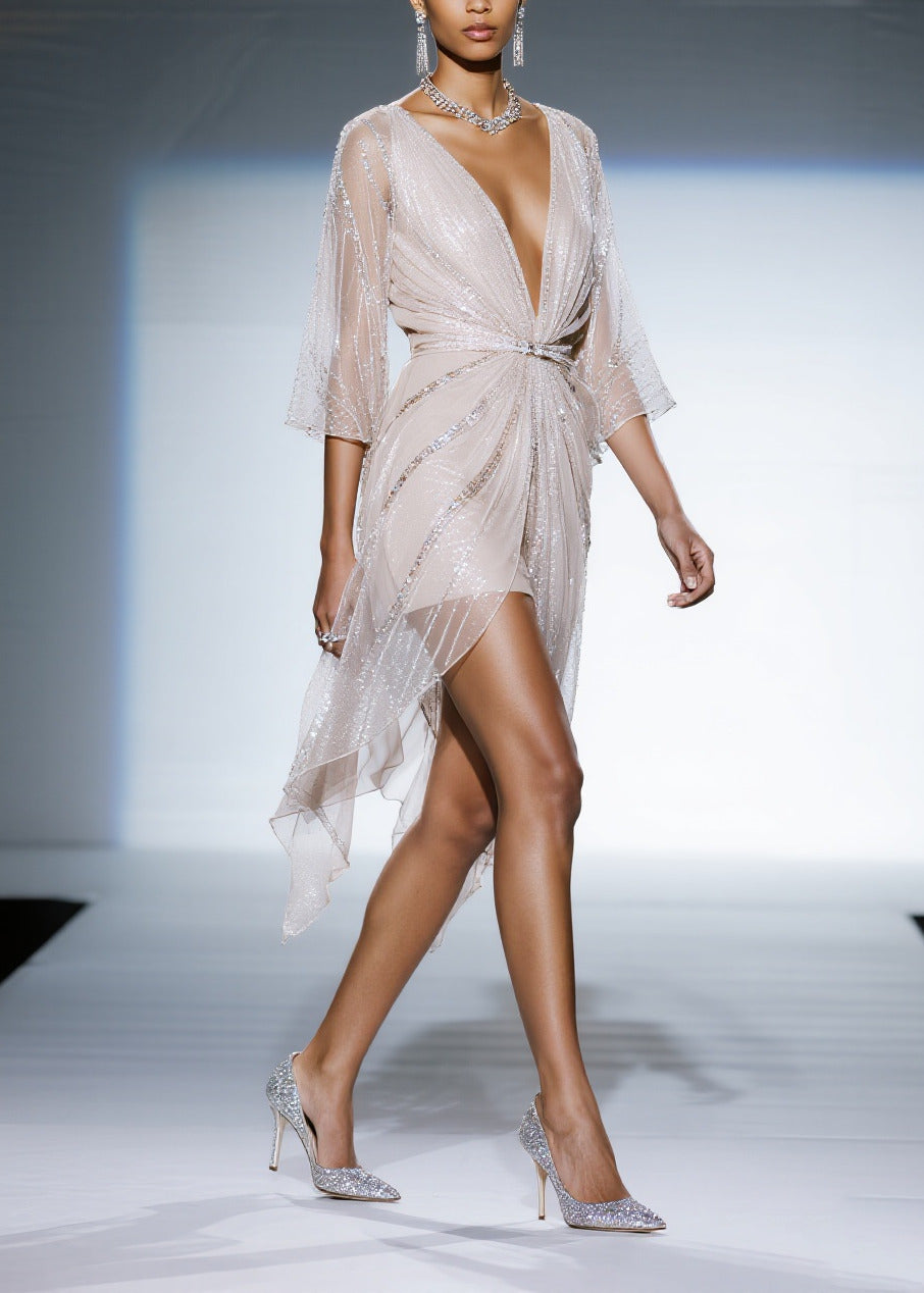 Sequin Tulle Deep V-Neck Bell Sleeve Ruched Waist High Low Mini Dress